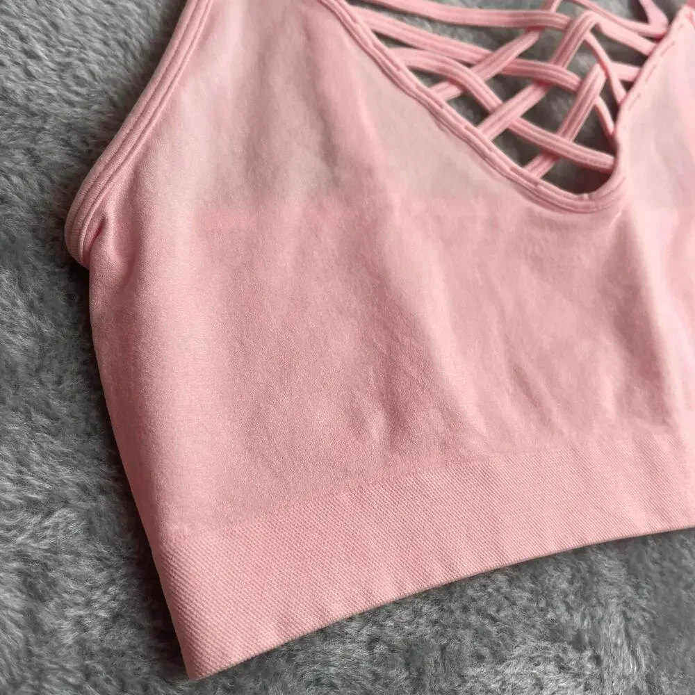 Women's Front V-Lattice Bralette‎ Adjustable Straps NOT PADDED Dusty Pink S/M